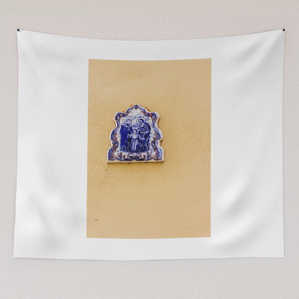 Item preview, Blue And White Ceramic Holy Family Tile Plaque On Yellow Wall, Religious Street Shrine designed and sold by Nmallia.