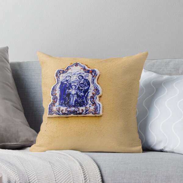 Item preview, Blue And White Ceramic Holy Family Tile Plaque On Yellow Wall, Religious Street Shrine designed and sold by Nmallia.