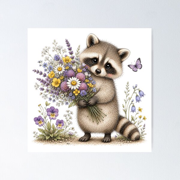 Item preview, Cute Raccoon with Wildflower Bouquet designed and sold by PetalGarden.