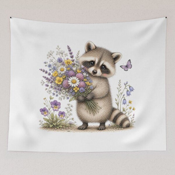 Item preview, Cute Raccoon with Wildflower Bouquet designed and sold by PetalGarden.