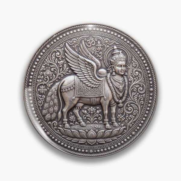 Item preview, Silver Kamadhenu Coin Art | Hindu Sacred Coin Design designed and sold by CosmicLotusArt.