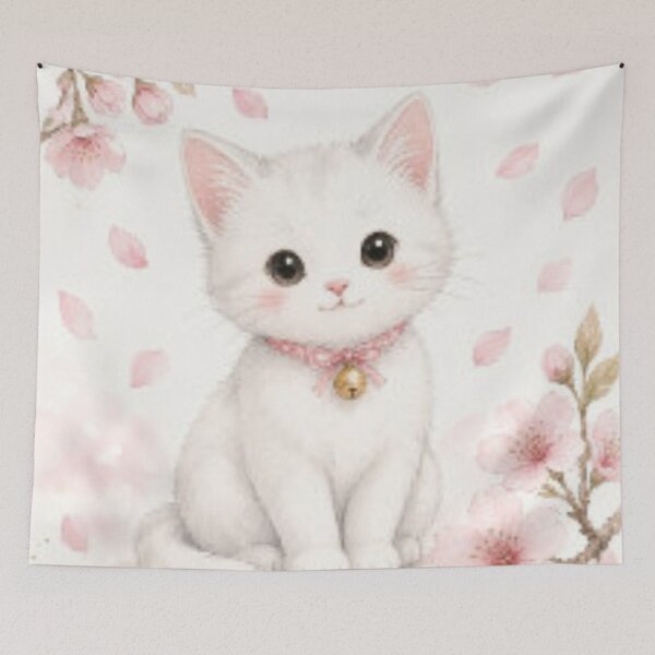 Item preview, Cute Watercolor White Cat with Cherry Blossoms designed and sold by PetalsPaws.
