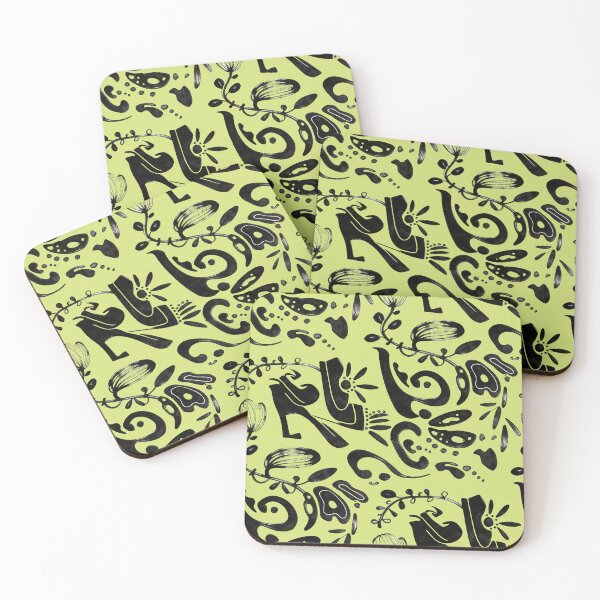 Item preview, Chartreuse Green Whimsical Black Ink Folk Floral Pattern designed and sold by wissal.studio.
