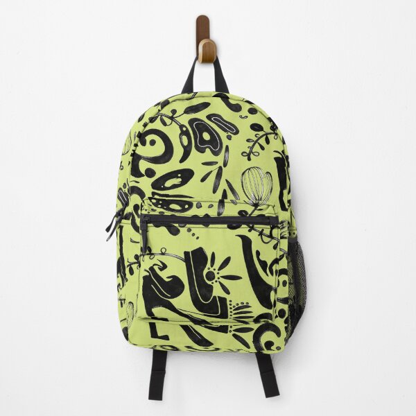 Item preview, Chartreuse Green Whimsical Black Ink Folk Floral Pattern designed and sold by wissal.studio.