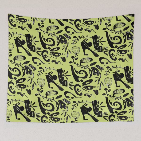 Aperçu de l'œuvre Motif floral folk fantaisiste à l'encre noire vert chartreuse créée et vendue par wissal.studio.