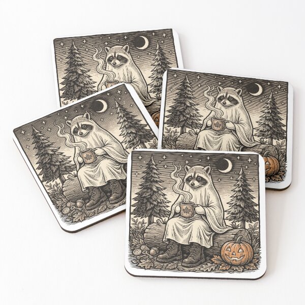 Item preview, Racoon Ghost drinking coffee in forest designed and sold by Steele-Art.