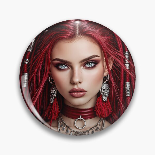 Item preview, Gothic Redhead with Space Buns & Skull Jewelry | Edgy Pin-Up for Man Cave designed and sold by SynthSeduction.