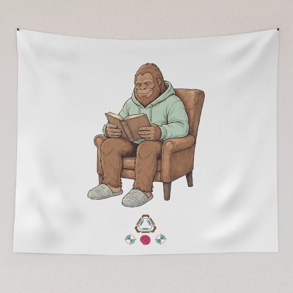Item preview, Cozy Bigfoot Reading a Book in Armchair - Cute Sasquatch designed and sold by Whimsy Trail Co.