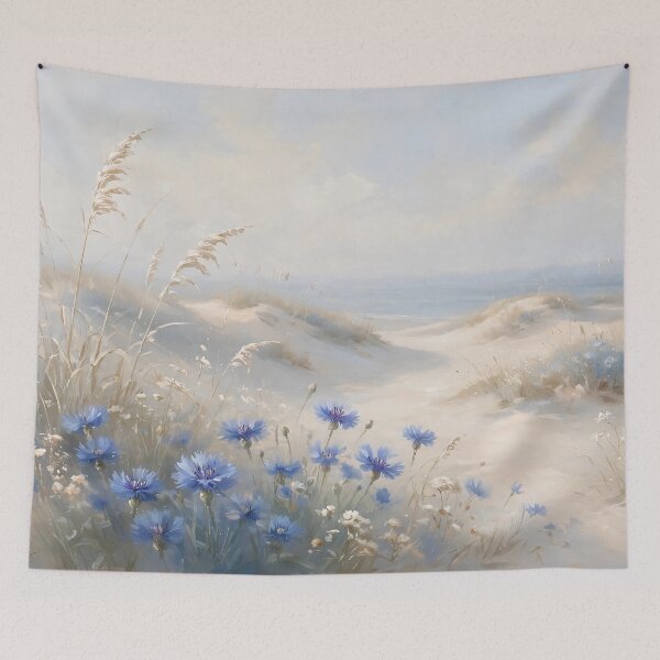 Item preview, Blue Cornflowers On Sandy Dunes - Coastal Beach Grass Painting designed and sold by Jozefin's Studio.