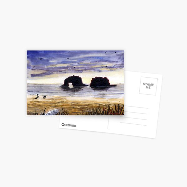 Twin Rocks, Rockaway Beach Oregon Watercolor Sketch Postcard