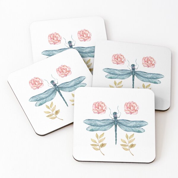 Item preview, Vintage Watercolor Dragonfly with Roses and Leaves designed and sold by DearBunnyArt.