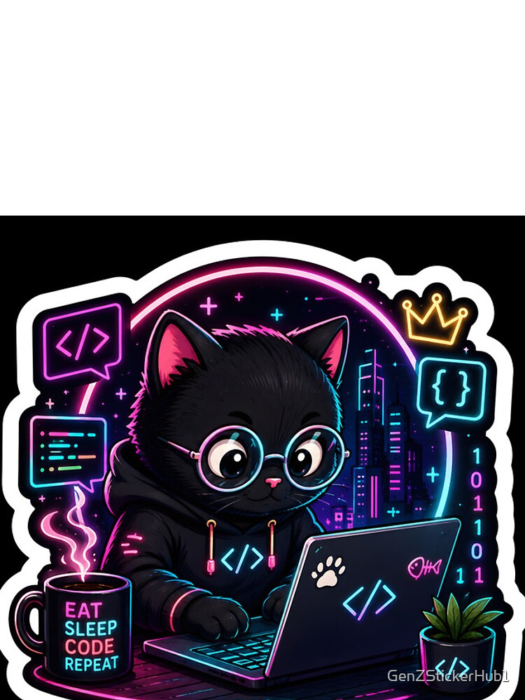Thumbnail 4 of 4, iPhone Case, Code Like a Boss Sticker | Cyberpunk Cat Programmer | Cute Developer Sticker | Coding Laptop Decal designed and sold by GenZStickerHub1.