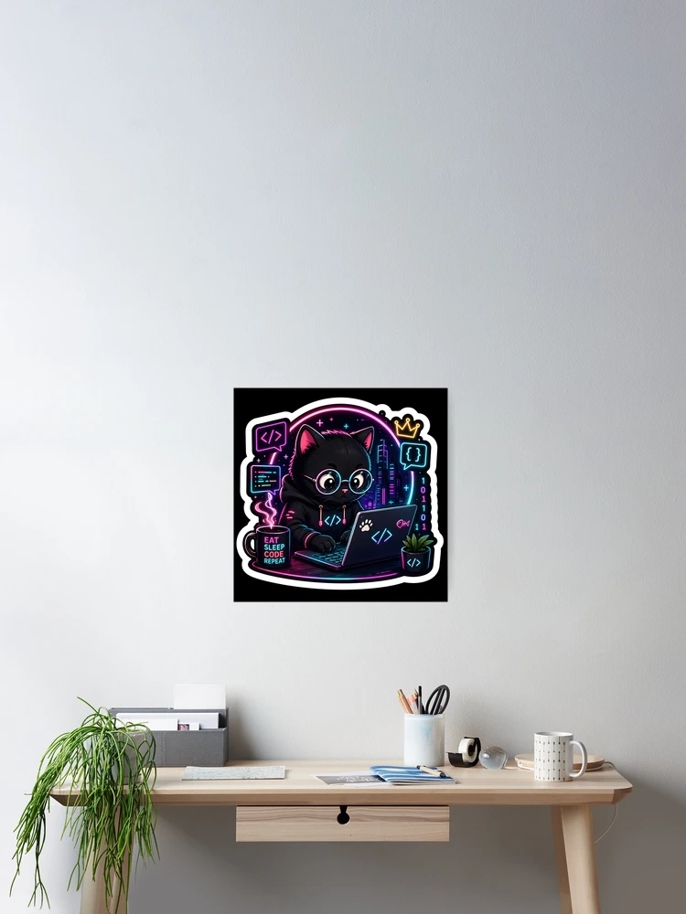 Thumbnail 2 of 3, Poster, Code Like a Boss Sticker | Cyberpunk Cat Programmer | Cute Developer Sticker | Coding Laptop Decal designed and sold by GenZStickerHub1.