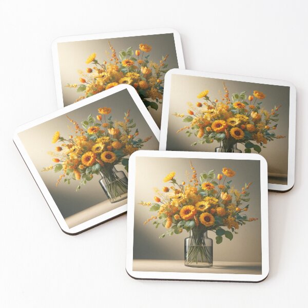 Item preview, Yellow and Orange Flower Bouquet in Glass Vase, Warm Floral Still Life designed and sold by NarjaShop.