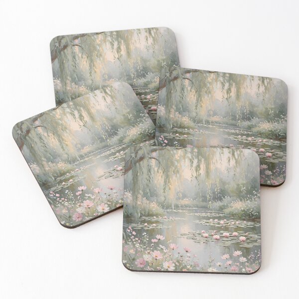 Item preview, Cosmos Wildflowers By Willow Pond - Pink Water Lily Painting designed and sold by Jozefin's Studio.