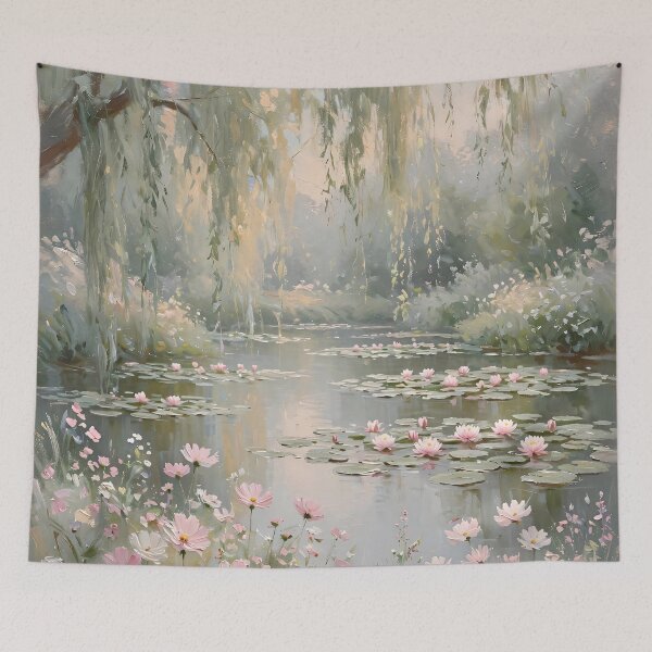 Item preview, Cosmos Wildflowers By Willow Pond - Pink Water Lily Painting designed and sold by Jozefin's Studio.