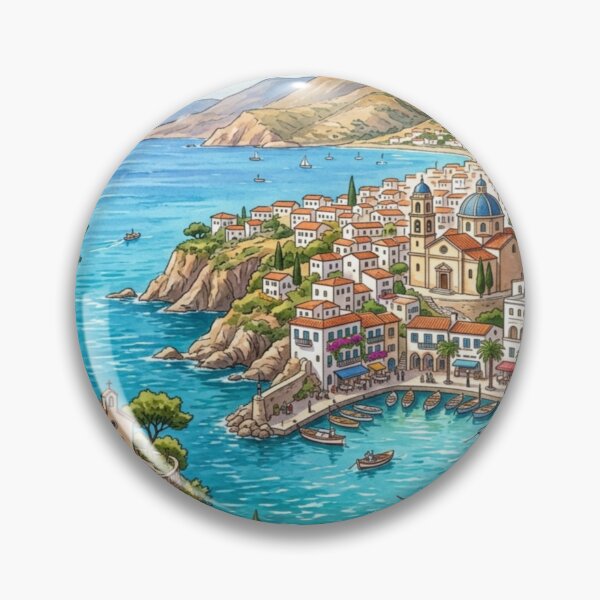 Item preview, Mediterranean Coastal Village Watercolor Harbor Painting designed and sold by adlkh.