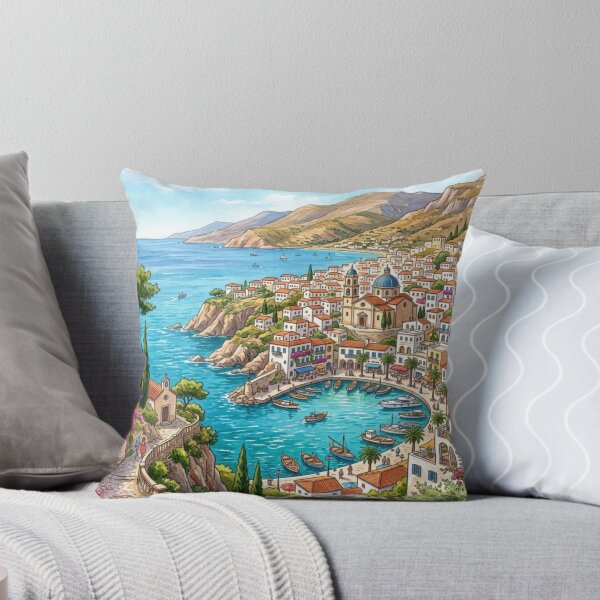 Item preview, Mediterranean Coastal Village Watercolor Harbor Painting designed and sold by adlkh.