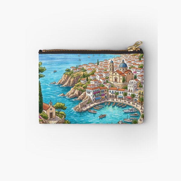 Item preview, Mediterranean Coastal Village Watercolor Harbor Painting designed and sold by adlkh.