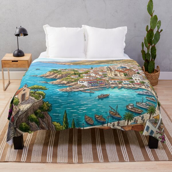Item preview, Mediterranean Coastal Village Watercolor Harbor Painting designed and sold by adlkh.