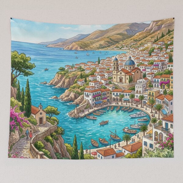 Item preview, Mediterranean Coastal Village Watercolor Harbor Painting designed and sold by adlkh.