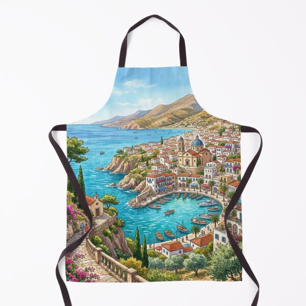 Item preview, Mediterranean Coastal Village Watercolor Harbor Painting designed and sold by adlkh.