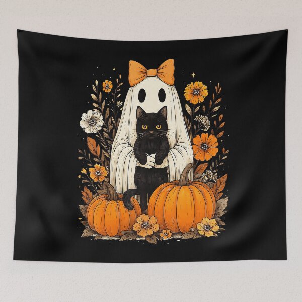 Item preview, Vintage Halloween Ghost Holding Black Cat Groovy Floral designed and sold by Khescoiu.