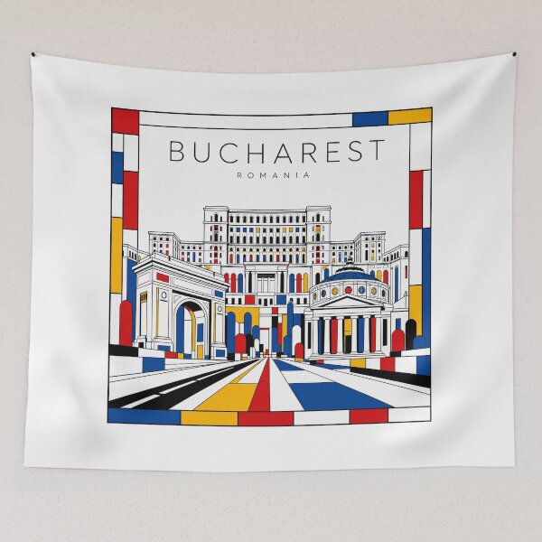 Item preview, Bucharest Mondrian style poster 3D designed and sold by CMYKStudio.