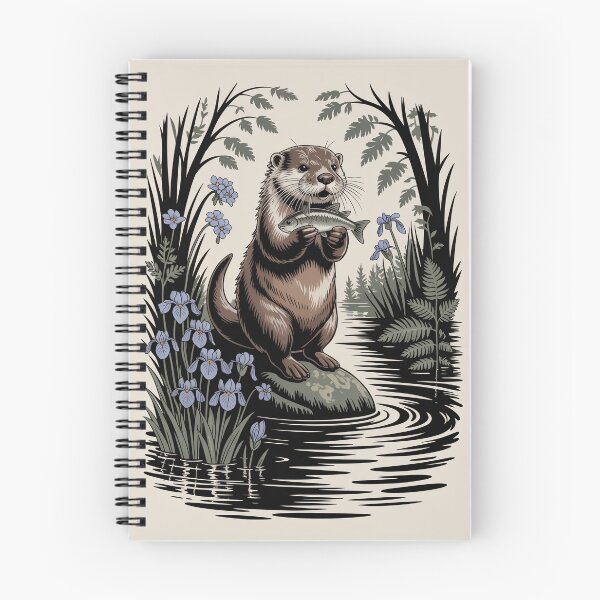 Item preview, River Otter with Fish & Iris Flowers Illustration designed and sold by NuvoraNest.