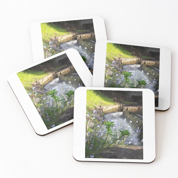 Item preview, Tranquil Waterfall on the Chesterfield Canal with Forget-Me-Nots designed and sold by Astute-Artio-Photography.