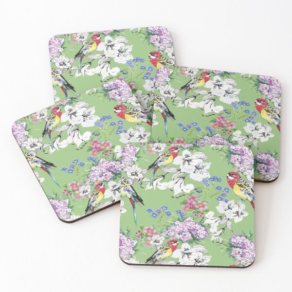 Item preview, Rosella Garden — Painterly Bird & Blossom Pattern on Sage Green designed and sold by Johnnies.