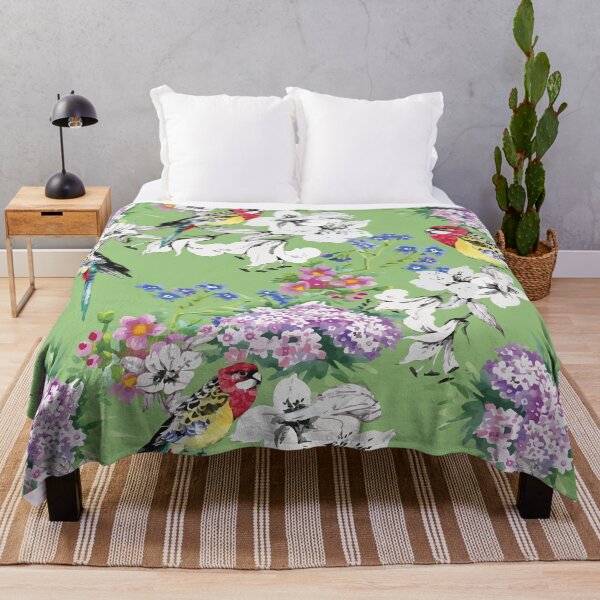 Item preview, Rosella Garden — Painterly Bird & Blossom Pattern on Sage Green designed and sold by Johnnies.