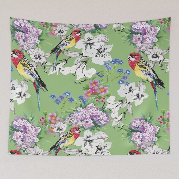 Item preview, Rosella Garden — Painterly Bird & Blossom Pattern on Sage Green designed and sold by Johnnies.