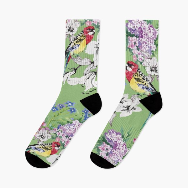 Item preview, Rosella Garden — Painterly Bird & Blossom Pattern on Sage Green designed and sold by Johnnies.
