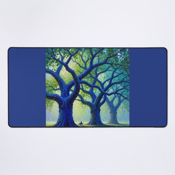 Item preview, Oil Painting of Man Sitting Bench Under Majestic Blue Trees Impressionism designed and sold by Mike Kiev art.