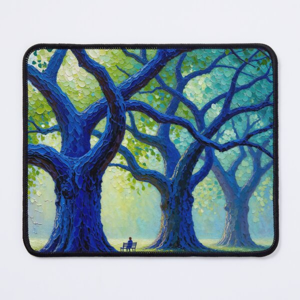 Item preview, Oil Painting of Man Sitting Bench Under Majestic Blue Trees Impressionism designed and sold by Mike Kiev art.