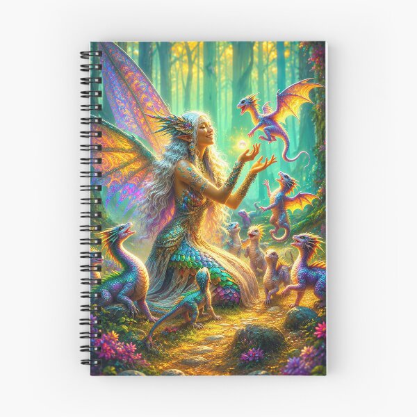 Aperçu de l'œuvre Illustration fantastique de fée et de dragon – Fée de la forêt enchantée avec des bébés dragons colorés créée et vendue par DrakariArt.