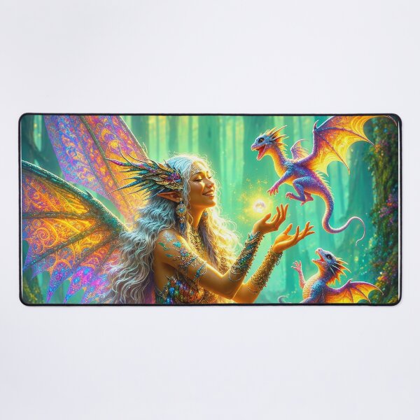 Item preview, Fairy Dragon Fantasy Art – Enchanted Forest Fairy with Colorful Baby Dragons designed and sold by DrakariArt.