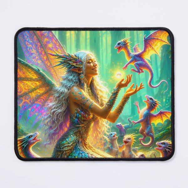 Item preview, Fairy Dragon Fantasy Art – Enchanted Forest Fairy with Colorful Baby Dragons designed and sold by DrakariArt.
