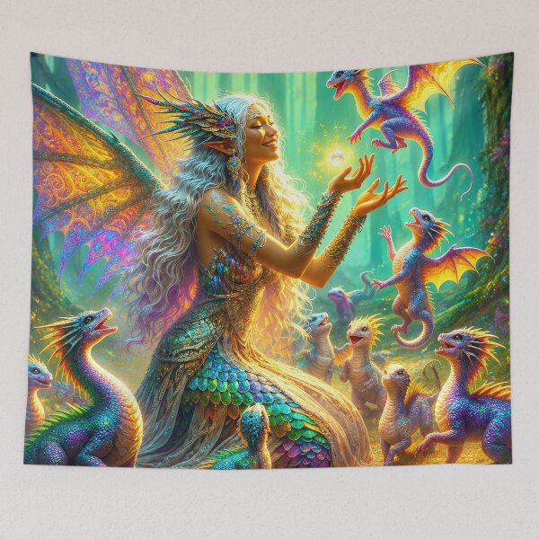 Item preview, Fairy Dragon Fantasy Art – Enchanted Forest Fairy with Colorful Baby Dragons designed and sold by DrakariArt.