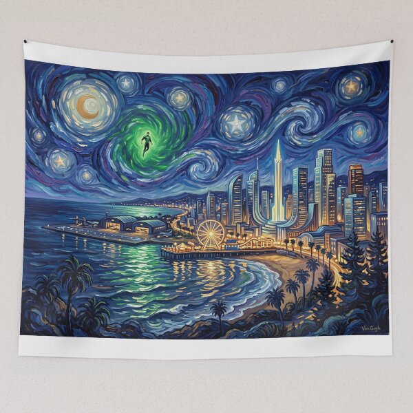 Item preview, Coast City Starry Night Comic Art Landscape designed and sold by Bad-Decisions-Designs.