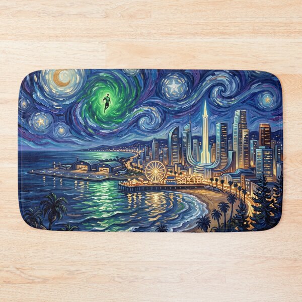 Item preview, Coast City Starry Night Comic Art Landscape designed and sold by Bad-Decisions-Designs.