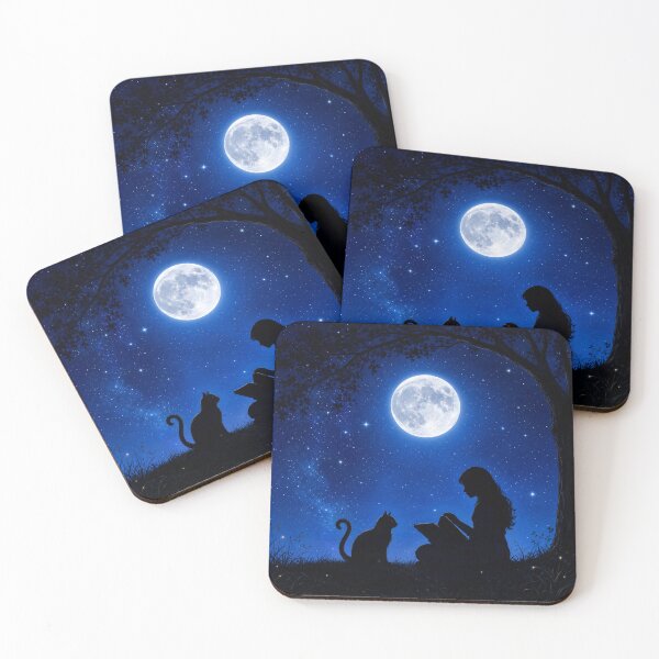 Item preview, Black Cat Under Full Moon | Celestial Night Reading & Witchy Cat Art designed and sold by AbstractAuraArt.