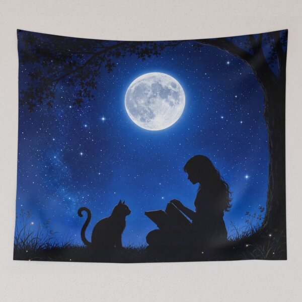 Item preview, Black Cat Under Full Moon | Celestial Night Reading & Witchy Cat Art designed and sold by AbstractAuraArt.