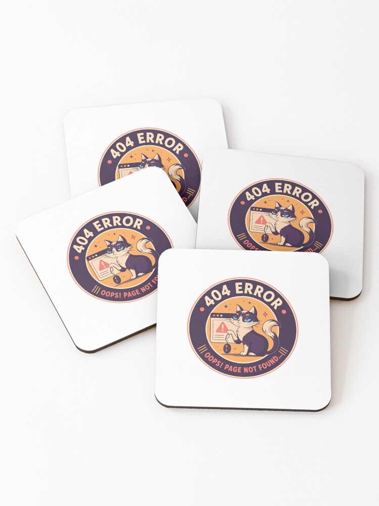 Thumbnail 1 of 5, Coasters (Set of 4), 404 Error Oops! Page Not Found Programmer Developer Tech Cat designed and sold by HumansStuck12.