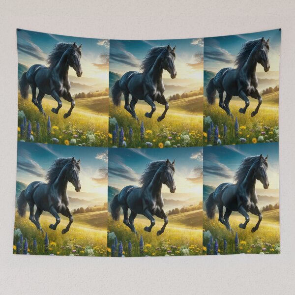 Item preview, Black Horse Running Through Wildflower Meadow, Majestic Horse Art designed and sold by NarjaShop.