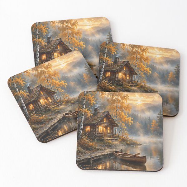 Item preview, Golden Autumn Lakeside Cabin Sunset - Cozy Cabin Wall Art designed and sold by PickyAura.