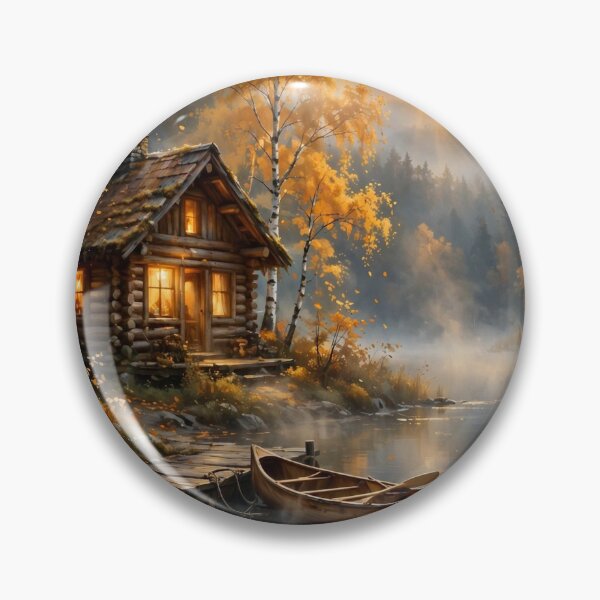 Item preview, Golden Autumn Lakeside Cabin Sunset - Cozy Cabin Wall Art designed and sold by PickyAura.