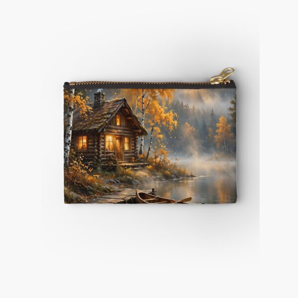 Item preview, Golden Autumn Lakeside Cabin Sunset - Cozy Cabin Wall Art designed and sold by PickyAura.