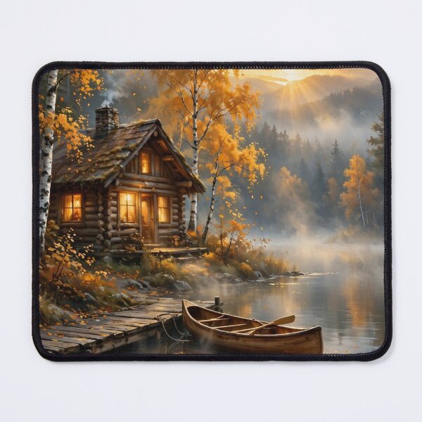Item preview, Golden Autumn Lakeside Cabin Sunset - Cozy Cabin Wall Art designed and sold by PickyAura.